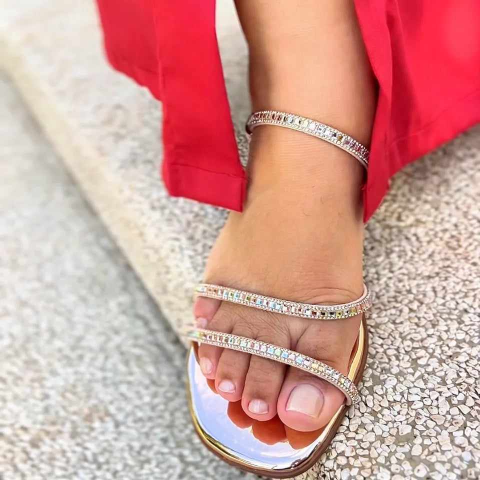 Sandália Rasteirinha Strass | Rose Gold Atena
