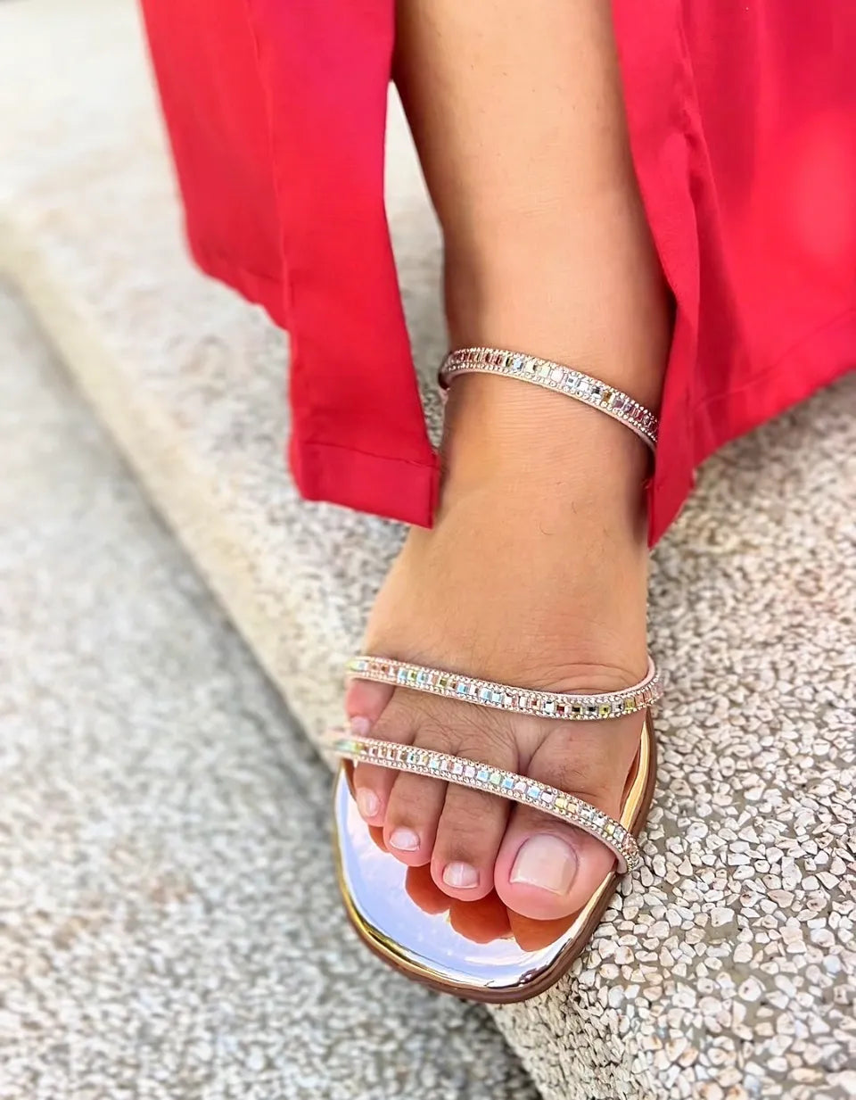 Sandália Rasteirinha Strass | Rose Gold Atena